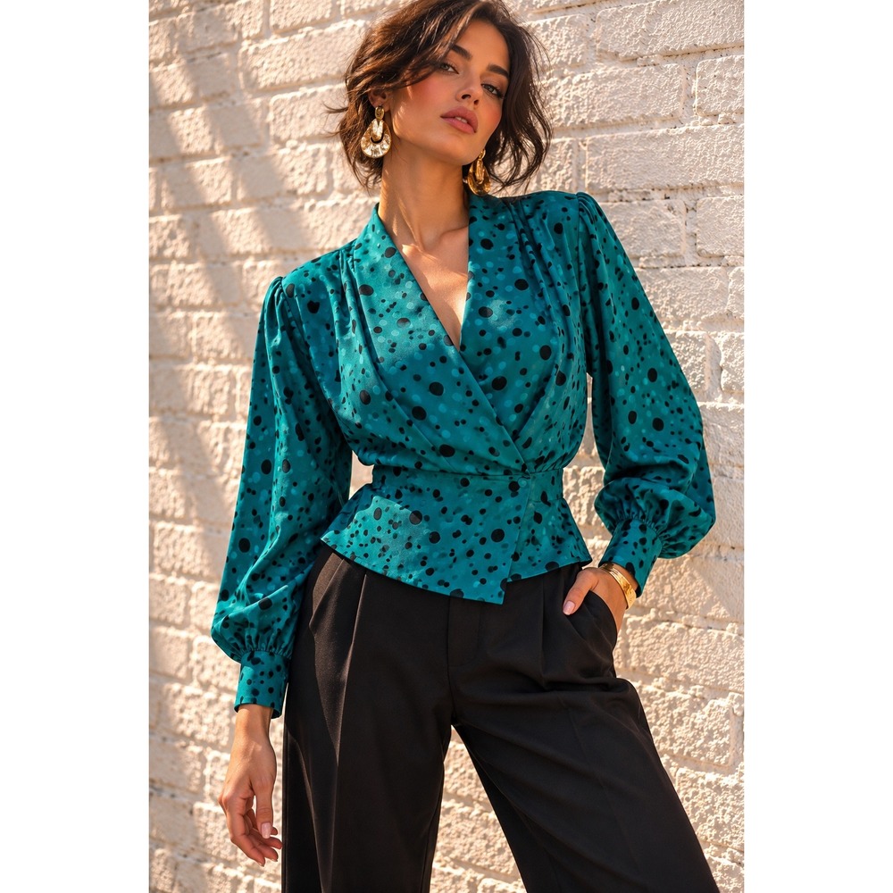 Vintage Paul Stanley Teal Silk Polka Dot Wrap Blouse Retro 80s 6